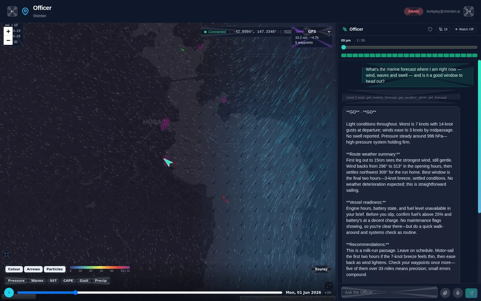 The Officer: live wind render and weather layers on the chart, a Tasman passage route, and a GO weather brief, on Shimbiri
