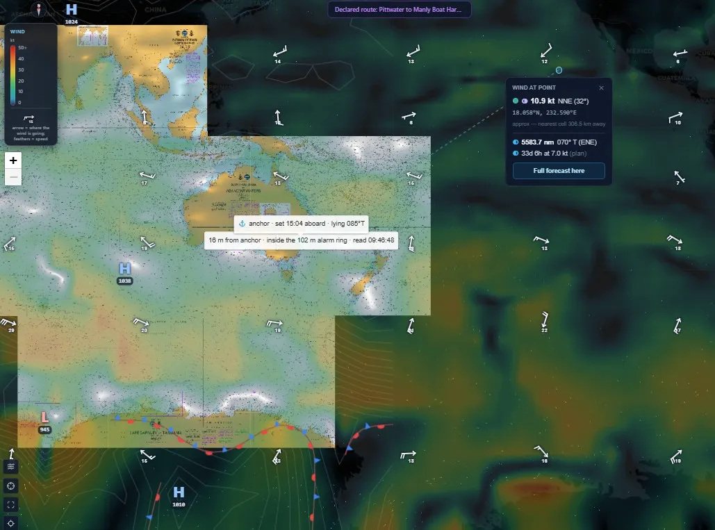 Shimbiri’s chart on 25 September 2026: nautical charts for the Australian coast, with wind arrows, pressure systems and the boat’s anchor watch drawn over them