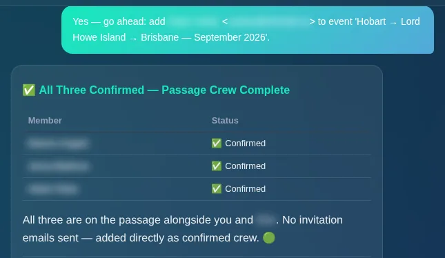 Shimbiri confirming three crew added to the live passage from the chat, September 2026. Crew names are blurred.