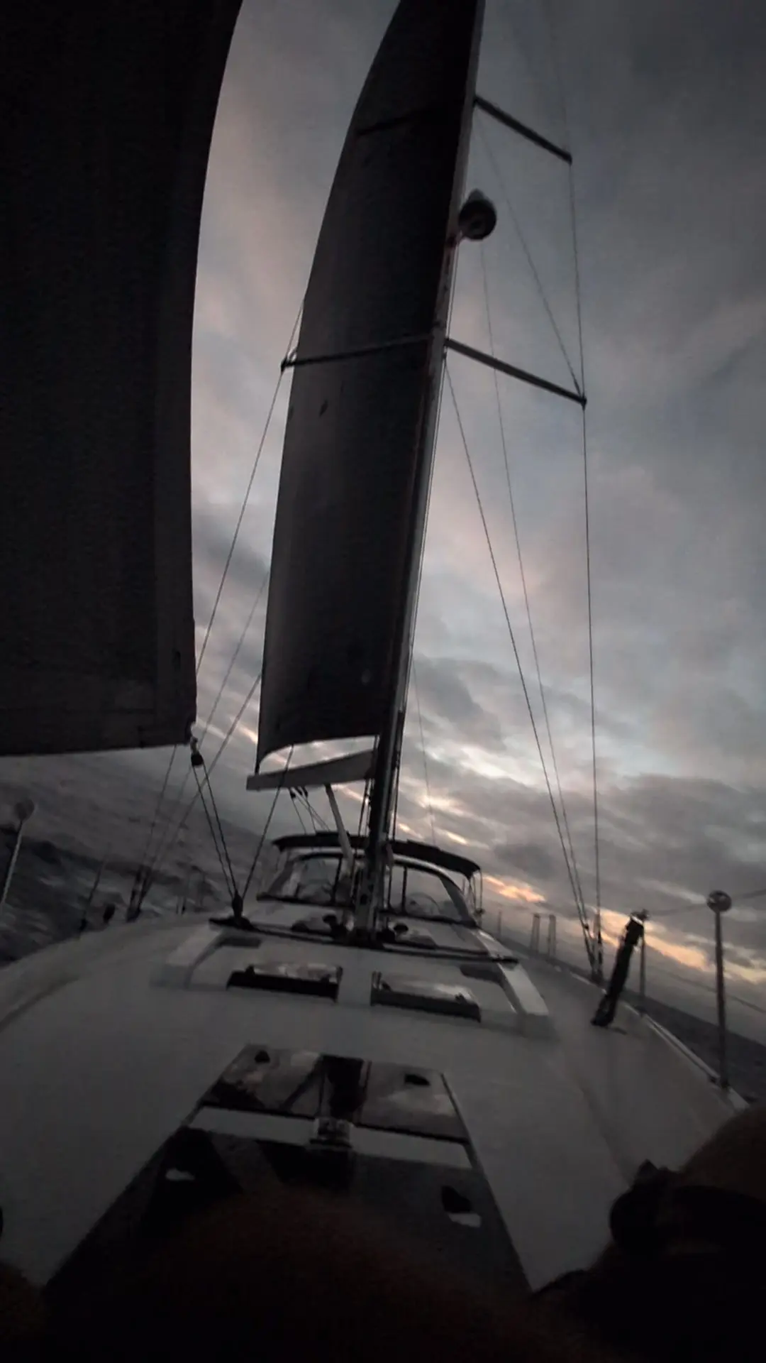 On watch at dusk: Shimbiri’s foredeck under sail