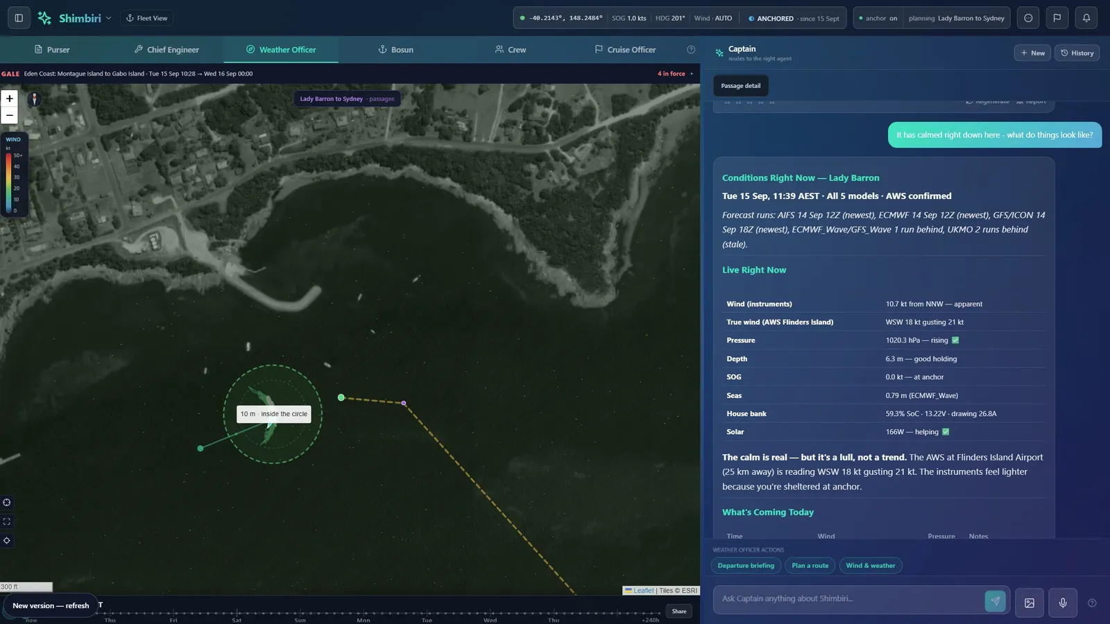 Shimbiri at Lady Barron, Flinders Island, on 15 September 2026: the planned route to Sydney, a gale warning in force, and five forecast models checked against the boat’s own instruments