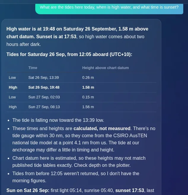 Shimbiri’s Captain on 26 September 2026: high water at 19:48, 1.58 m, sunset at 17:53, and the day’s tide table, with a note that the heights come from the AusTEN tide model