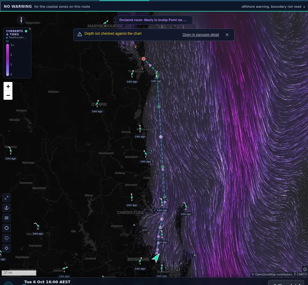 Shimbiri’s currents and tides layer on 6 October 2026: the East Australian Current running south off the Queensland coast, with tidal streams inside Moreton Bay