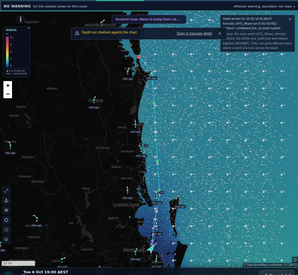 Shimbiri’s wave layer off south-east Queensland on 6 October 2026: combined sea height in colour with the main swell drawn as arrows, Moreton Bay sheltered